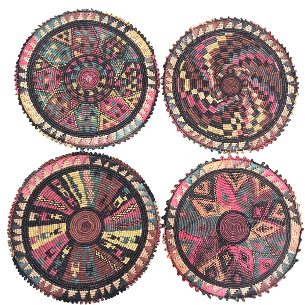 Vtg African Coiled Flat Baskets Set 4 Mismatched Geometric Boho Trays Placemats